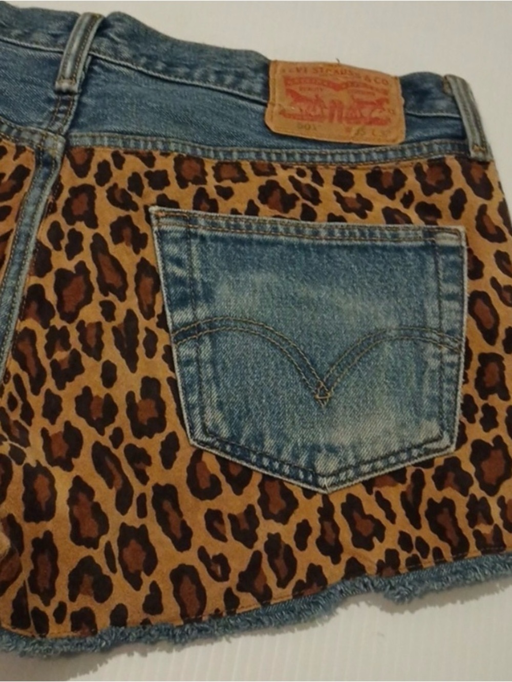 Beau Souci Vintage Levi's 501 Shorts Upcycled w/ Leopard Print Suede Leather